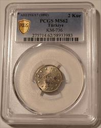 Ottoman Empire (Turkey) 1892 Silver 2 Kurush MS62 PCGS GSH