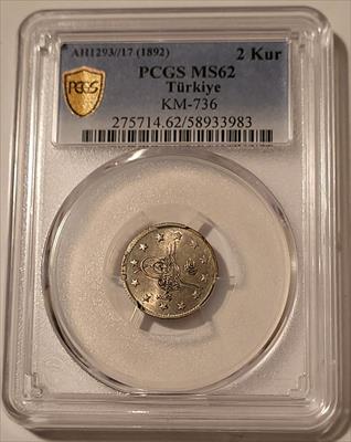 Ottoman Empire (Turkey) 1892 Silver 2 Kurush MS62 PCGS GSH