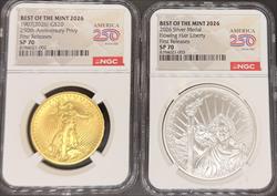 2026 1907 $20 St Gaudens & Flowing Hiar Silver Medal Set SP70 NGC 250th Anniversary Privy