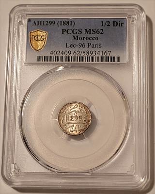 Morocco 1881 Silver 1/2 Dirham MS62 PCGS GSH