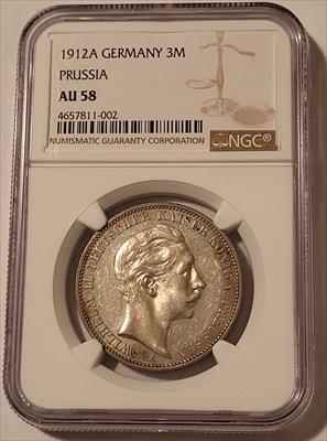 Germany Empire Prussia Wilhelm II 1912 A Silver 3 Mark AU58 NGC