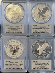 2021 4pc Silver Eagle Set MS/PR70 PCGS First Strike Damstra Signed