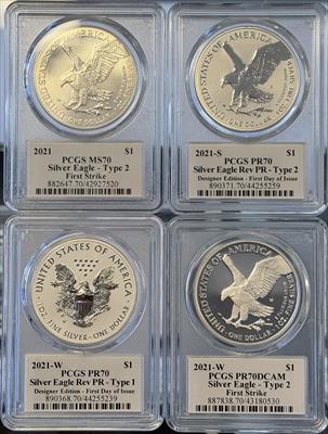 2021 4pc Silver Eagle Set MS/PR70 PCGS First Strike Damstra Signed