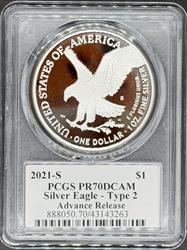 2021-S T2 Silver Eagle PR70DCAM PCGS Advanced Release Damstra Signed