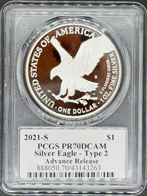 2021-S T2 Silver Eagle PR70DCAM PCGS Advanced Release Damstra Signed