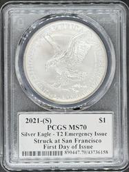 2021-S T2 Silver Eagle MS70 PCGS First Day Issue Damstra Signed First Day Issue