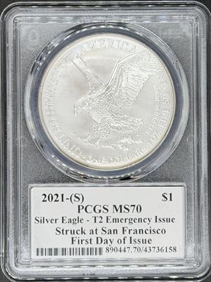 2021-S T2 Silver Eagle MS70 PCGS First Day Issue Damstra Signed First Day Issue