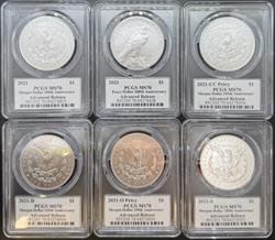 2021 6pc Morgan & Peace Set MS70 PCGS Damstra Signed Advanced Release 100th Anniversary