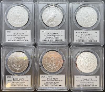 2021 6pc Morgan & Peace Set MS70 PCGS Damstra Signed Advanced Release 100th Anniversary