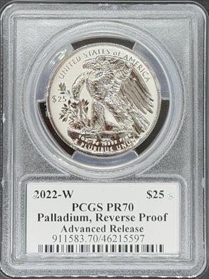 2022-W P$25 Paladium Eagle Reverse PR70 PCGS Advanced Release Sabin Signed