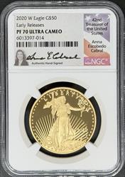 2020-W G$50 Eagle PF70UCAM NGC Early Release Cabral Signed