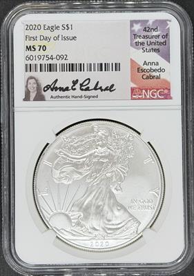 2020 3pc Silver Eagle Set MS/PF70 NGC First Day Issue Cabral Signed