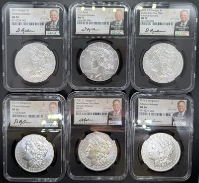 2021 6pc Morgan & Peace Set MS70 PCGS Ryder Signed Advanced Release Black Core