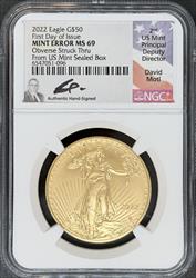 2022 G$50 Eagle Mint Error Obverse Struck Thru MS69 NGC First Day Issue Motl Signed
