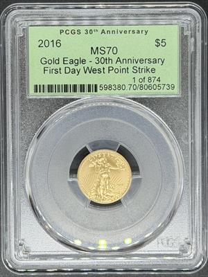 2016 G$5 Eagle MS70 PCGS First Day Issue 30th Anniversary