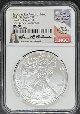 2021-S T1 Silver Eagle MS70 NGC Cabral Signed Emergency Production