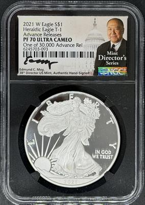 2021-W T1 Silver Eagle PF70UCAM NGC Advanced Release Moy Signed Black Core