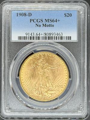 1908-D No Motto $20 St Gaudens MS64+ PCGS